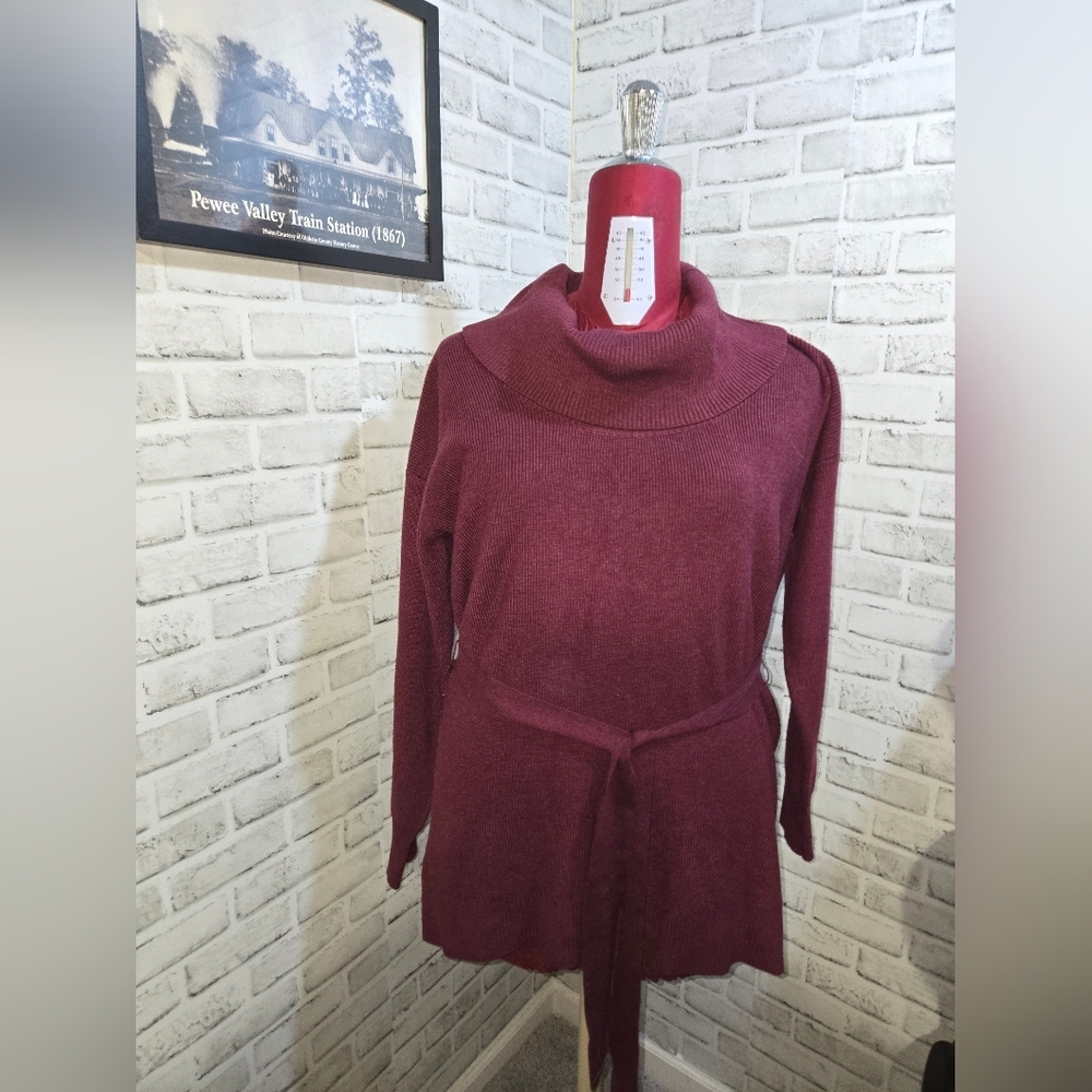 White House Black Market Women's Burgundy Cowl Neck Sweater with Belt. XL
